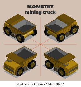Isometric 3D yellow mining truck with a narrow cab and an empty body in four projections