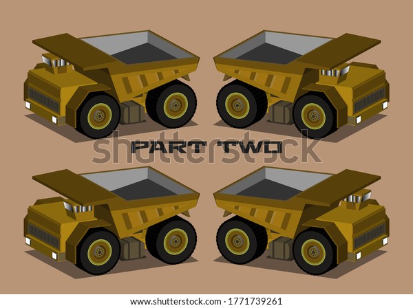 Isometric 3D yellow mining truck\
with a narrow cab and an empty body in four projections Part\
two