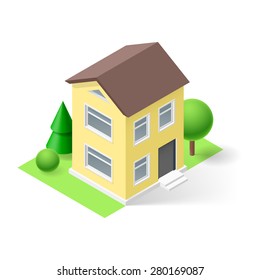 Isometric 3d  yellow small house  with flowers and trees