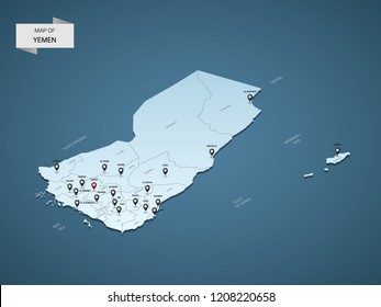 Isometric 3D Yemen map,  vector illustration with cities, borders, capital, administrative divisions and pointer marks; gradient blue background.  Concept for infographic.