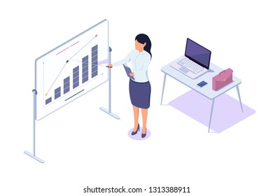 Isometric 3d young businesswoman presentation success statistic with laptop and diagram. Concept girl with formal wear and support device. Low poly. Vector illustration.