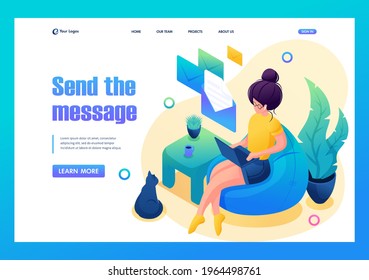 Isometric 3D. Young Girl Works At Home, Remote Work, Sending Messages. Concept For Landing Page