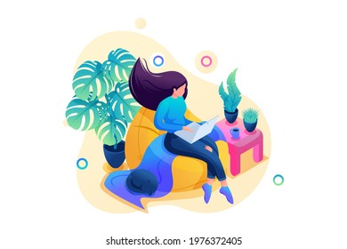 Isometric 3D. Young Girl Works At Home On a Soft Chair, Remote Work, Freelancer. Concept For Web Design