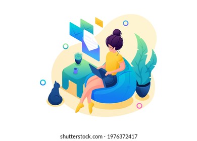 Isometric 3D. Young Girl Works At Home, Remote Work, Sending Messages. Concept For Web Design