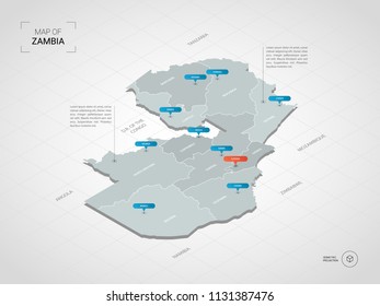 Isometric  3D Zambia map. Stylized vector map illustration with cities, borders, capital Lusaka , administrative divisions and pointer marks; gradient background with grid. 