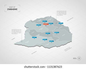 Isometric  3D Zimbabwe map. Stylized vector map illustration with cities, borders, capital Harare , administrative divisions and pointer marks; gradient background with grid. 