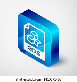 Isometric 3DS file document icon. Download 3ds button icon isolated on white background. 3DS file symbol. Blue square button. Vector Illustration