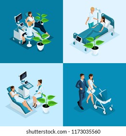 Isometric 4 mini Maternity clinic concepts, ultrasound, monitoring a pregnant woman, diagnosing pathologies, nursing care, childbirth.