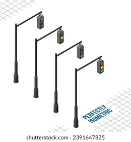 Isometrische 4 rechte, sich gegenüber stehende Verkehrsampeln einzeln auf weißem Hintergrund