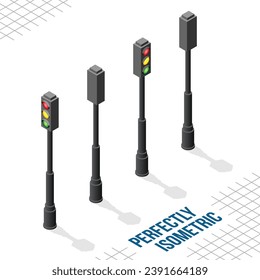 Isometric 4 Traffic Light Posts einzeln auf weißem Hintergrund