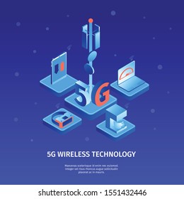 Isometric 5g internet color background with images of telecommunication tower and electronic devices with editable text vector illustration