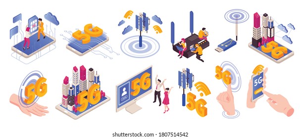 Isometric 5g internet color set of isolated pictogram icons and images of wireless gadgets and people vector illustration