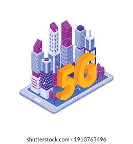 Isometric 5g internet composition with icons of high speed internet with modern buildings on gadget screen vector illustration
