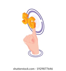 Isometric 5g internet composition with icons of high speed internet with finger touching button vector illustration