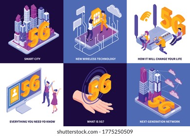 Isometric 5g internet design concept with square compositions of gadget icons human hands and text captions vector illustration