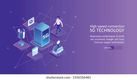 Isometric 5g internet horizontal banner with molecule shaped images of network elements with text and button vector illustration