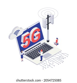 Isometric 5g internet icon with laptop transmitter tower and human characters 3d vector illustration