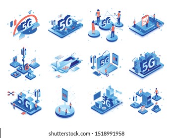 Isometric 5g internet set with isolated compositions of icons pictograms and images of electronic gadgets with people vector illustration 
