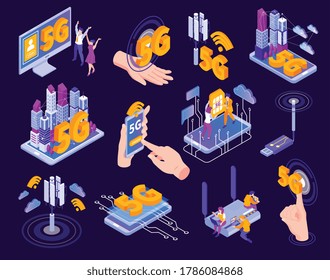 Isometric 5g internet set of isolated pictogram icons and images of electronic gadgets and network infrastructure vector illustration