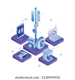 Composición isométrica de tecnología de Internet 5g con iconos de dispositivos electrónicos gadgets y elementos de infraestructura de red ilustración vectorial