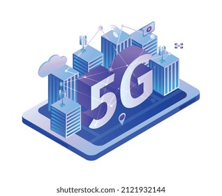 Isometric 5g internet technology composition with icons of tablet city buildings and network infrastructure elements vector illustration