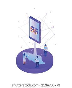 Isometric 5g internet technology composition with characters of people connection lines and rocket like smartphone vector illustration