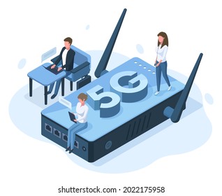 Isometric 5g mobile internet network connection concept. Office people work with high speed internet connection vector illustration. Network 5g connection technology. Wireless fast signal