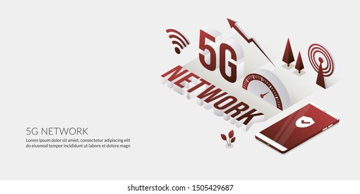 Isometric 5G network connection, the ultra high speed internet technology with 3D text