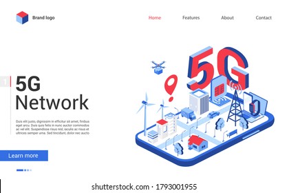 Isometric 5g network vector illustration. Modern concept banner, website design with cartoon 3d tech mobile networking technology for smart city, 5g high speed telecommunication wireless connection