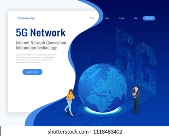 Isometric 5G network wireless systems and internet vector illustration. Communication network, Business concept.