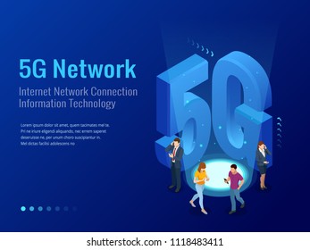 Isometric 5G network wireless systems and internet vector illustration. Communication network, Business concept.