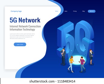 Isometric 5G network wireless systems and internet vector illustration. Communication network, Business concept.