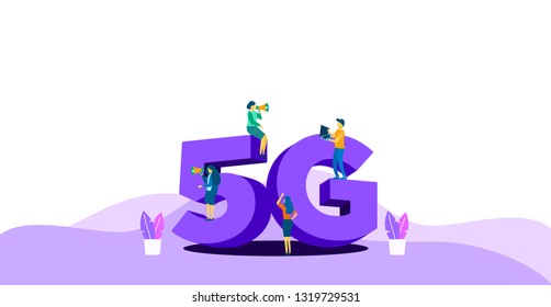 Isometric 5G network wireless systems and internet vector illustration. mini people flat illustration with mobile network .Communication network, Business concept.