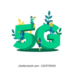 Isometric 5G network wireless systems and internet vector illustration. mini people flat illustration with mobile network .Communication network, Business concept.