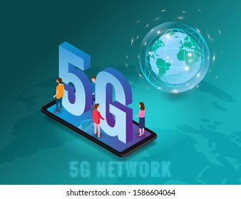 Isometric 5G network wireless technology template. Isometric smartphone with Earth planet letters 5g and tiny people. Fifth innovative generation of the global high speed Internet network. Vector
