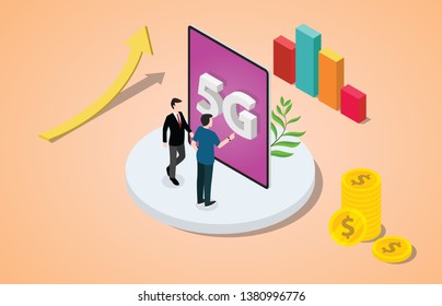 isometric 5g networks concept with team people business with high speed internet connectivity - vector illustration