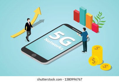 isometric 5g new internet speed revolution networks with smartphone and words - vector illustration