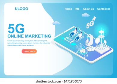 Isometric 5G technology on network smartphone with 
 money dollar coin, cart, shopping bag, Antenna and human use. Vector illustration in 3d design.