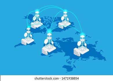Isometric 5G technology on network world map with Antenna line. Vector illustration in 3d design.