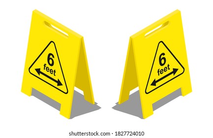 Isometric 6 feet social distancing warning plate sign isolated on white background.