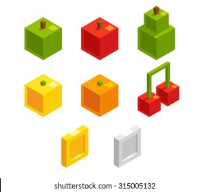 Isometric 8 bit pixel art fruits and coins for video game. Cute stylized bonus objects for puzzle or arcade game. Vector videogame assets.