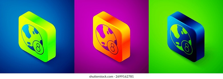 Isometric 8 March icon isolated on blue, purple and green background. International Happy Women Day. Square button. Vector