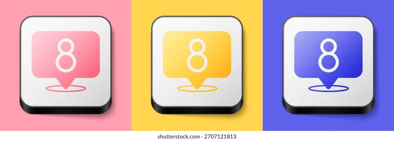 Icono isométrico de 8 de marzo aislado sobre fondo rosa, amarillo y azul. Día Internacional de la Mujer Feliz. Botón cuadrado. Vector