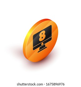 Isometric 8 March on monitore icon isolated on white background. International Happy Women Day. Orange circle button. Vector Illustration