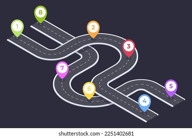 Isometric 8 steps timeline navigation. Winding roadmap pathway, road infographic, city map timeline road 3d vector illustration on white background