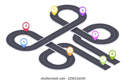 Isometric 8 steps timeline road. Timeline winding road navigation, city map infographic, roadmap pathway 3d vector illustration on white background