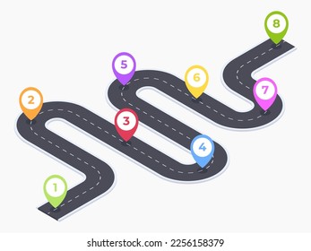 Isometric 8 steps timeline. Winding road navigation, city map timeline roadmap pathway, road infographic 3d vector illustration on white background