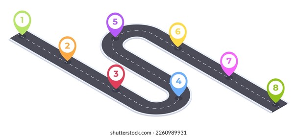 Navegación por carretera isométrica de 8 pasos. Ruta de la línea de tiempo del mapa de la ciudad, ruta de la hoja de ruta, ilustración del vector 3D de la infraestructura de carreteras asfaltadas