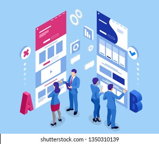 Isometric AB testing, comparison concept. Split Testing web page comparing.