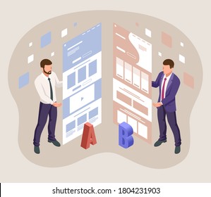 Isometric A/B testing, comparison concept. Split Testing web page comparing.